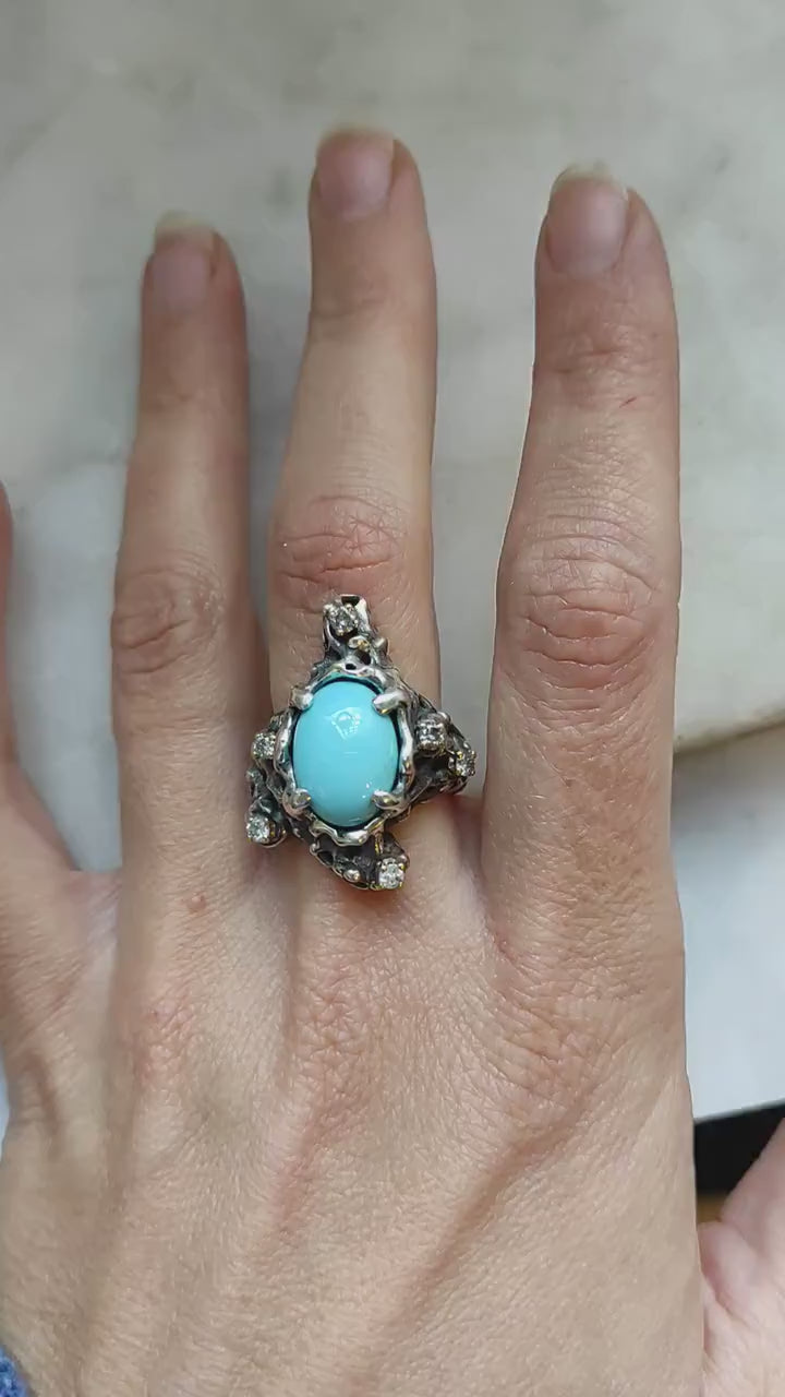GOLD and SILVER ring with Turquoise Stone and Grey Diamonds