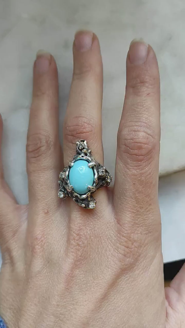 GOLD and SILVER ring with Turquoise Stone and Grey Diamonds