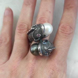 Silver Ring 925‰ "Fish" with Natural Pearl, Tahitian Pearl Natural and Sapphires