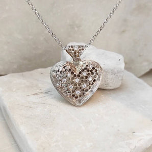 Heart Pendant Bilateral Florentine Style in Silver 925‰ with zircons with golden chain