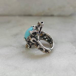 GOLD and SILVER ring with Turquoise Stone and Grey Diamonds